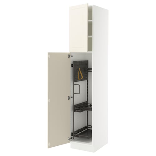 A white SEKTION kitchen cabinet with one door open, revealing adjustable shelves and a steel cleaning accessory set.