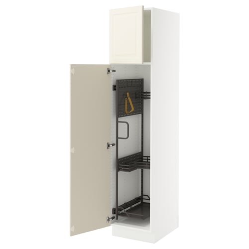 White SEKTION cabinet with adjustable shelves and off-white door, partially open.