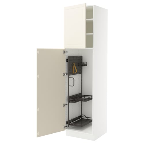 Ikea SEKTION off-white kitchen cabinet with adjustable shelves and pegboard.
