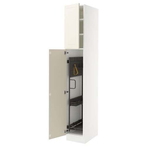 White SEKTION kitchen cabinet with off-white bevelled door, adjustable shelves.