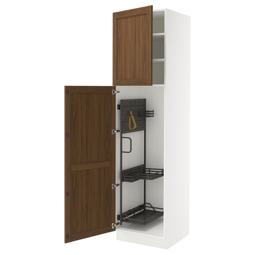 SEKTION kitchen cabinet with walnut doors opened, displaying adjustable shelves and cleaning accessories.