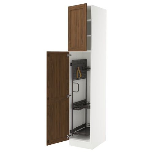 White SEKTION kitchen cabinet with walnut doors open, showing shelves and accessories.
