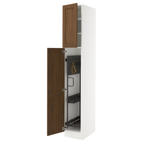 An ikea SEKTION kitchen cabinet in white with walnut-colored doors, open to reveal adjustable shelves and a built-in organizer.