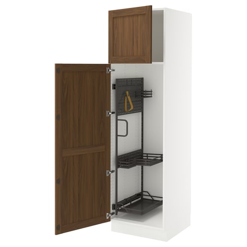 Open kitchen cabinet with wooden door, metal interior, multiple shelves, and hooks.