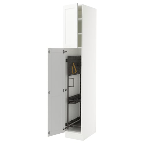 An open white SEKTION kitchen cabinet with a subtle grain structure, featuring adjustable shelves and a door with snap-on hinges.