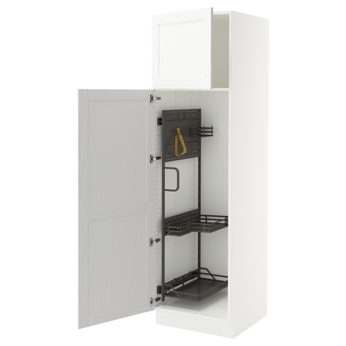 An open white SEKTION kitchen cabinet with black adjustable shelves and a hanging organiser.
