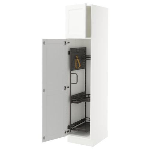Modern white cabinet from ikea SEKTION series, tall and slim design with adjustable shelves and a door that opens left or right.