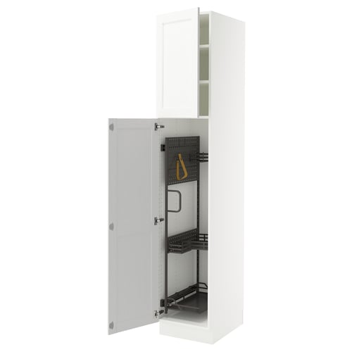 A white SEKTION kitchen cabinet with adjustable shelves and a built-in cleaning accessory.