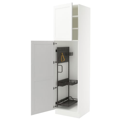 White SEKTION kitchen cabinet with adjustable shelves and metal organisers.