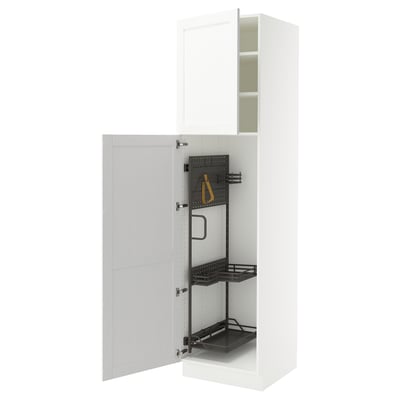 White SEKTION kitchen cabinet with adjustable shelves and metal organisers.