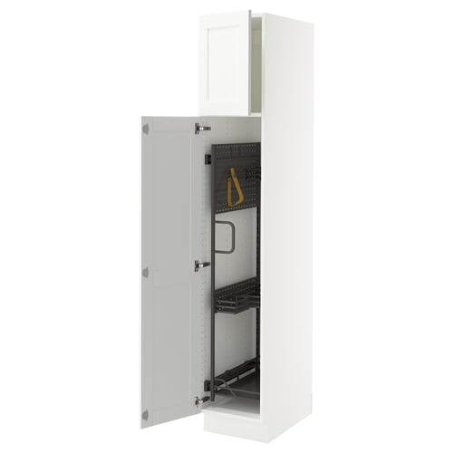 An ikea SEKTION white cabinet with adjustable shelves and a door that swings open.