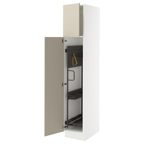 White SEKTION kitchen cabinet with beige door, adjustable shelves, and hinge damper.