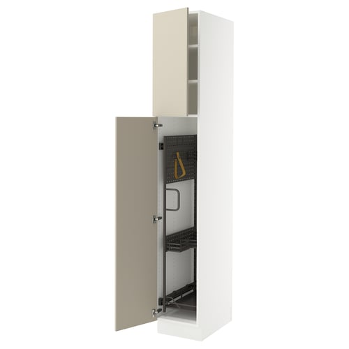 A white SEKTION kitchen cabinet with beige doors, featuring adjustable shelves and a door damper.