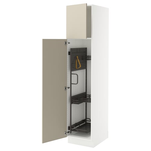 White tall cabinet with beige door and adjustable shelves.