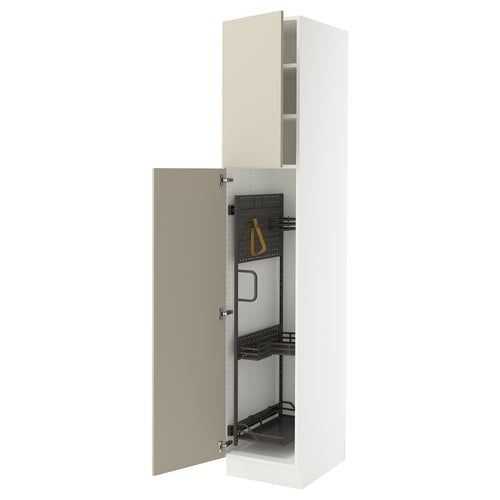 Open beige kitchen cabinet from SEKTION, white interior with shelves and accessories.