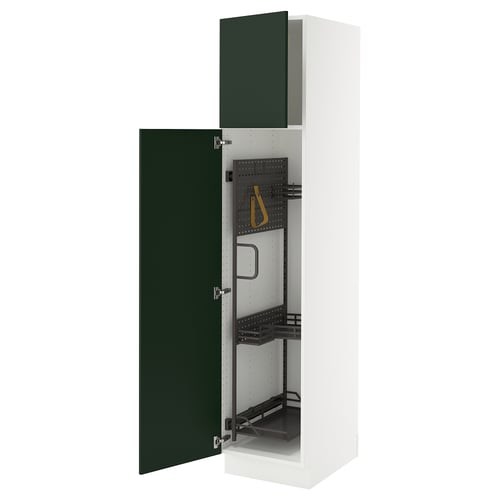 A SEKTION tall white cabinet with dark green doors partially open, revealing adjustable steel shelves inside.