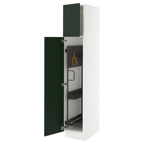 White cabinet with dark green doors, adjustable shelves, and yellow strap.