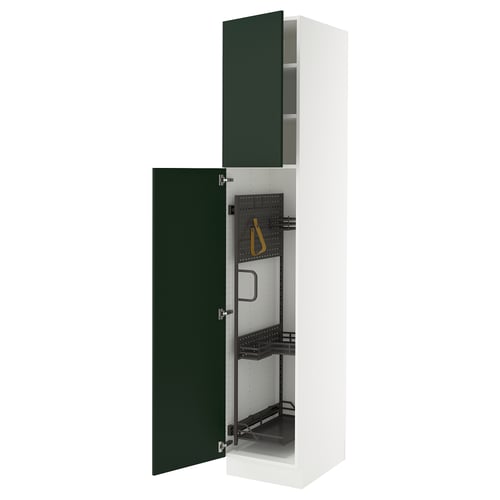 SEKTION kitchen cabinet, white with green door, adjustable shelves, metal hinges.