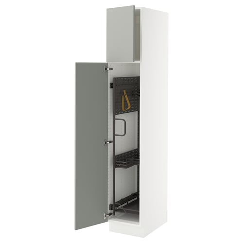 A white SEKTION kitchen cabinet with a light grey door, featuring adjustable shelves and a door damper for slow, silent closing.