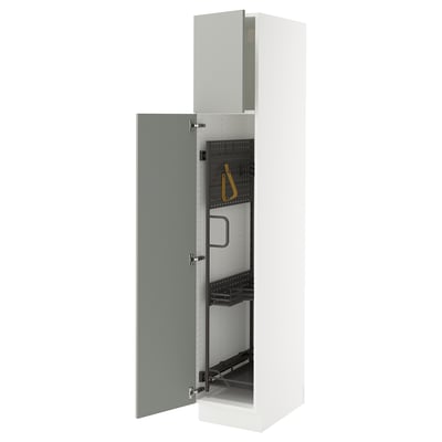 A white SEKTION kitchen cabinet with a light grey door, featuring adjustable shelves and a door damper for slow, silent closing.