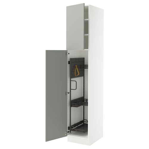 White SEKTION kitchen cabinet with grey door open, displaying shelves.