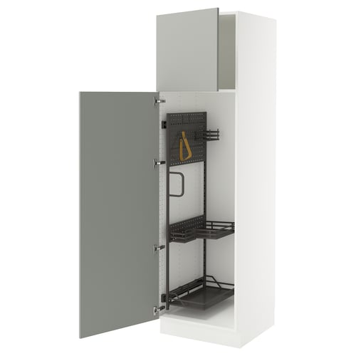 A modern white kitchen cabinet with grey doors, featuring adjustable shelves and a black tray.