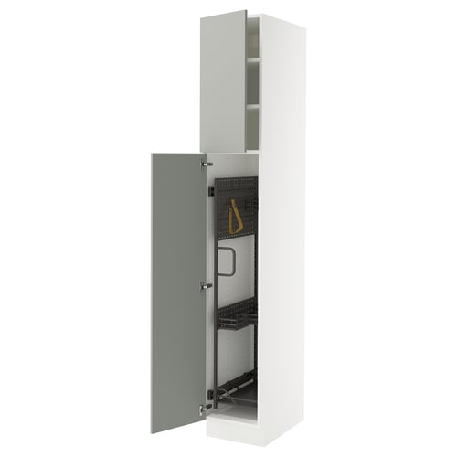White SEKTION kitchen cabinet with grey door open, showing adjustable shelves and hardware.