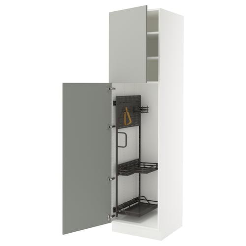 SEKTION light grey kitchen cabinet with grey inside, white top, metal racks, and open door.