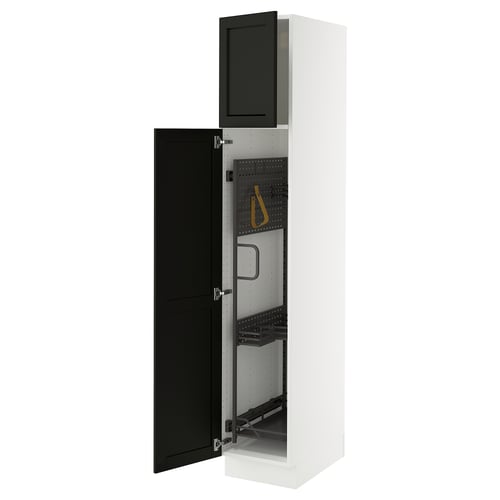 Open kitchen cabinet, white SEKTION, black doors, adjustable shelves, stainless hardware.