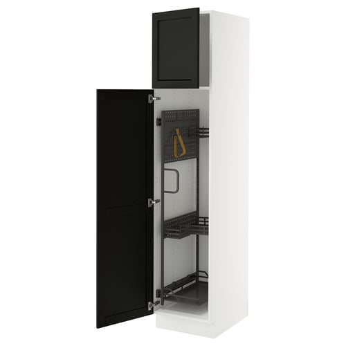 An open white SEKTION kitchen cabinet with black doors and internal organisation, including shelves and pegboards.