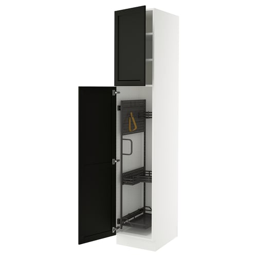 SEKTION kitchen cabinet in white with black doors, featuring a pullout shelf and hanging organiser.