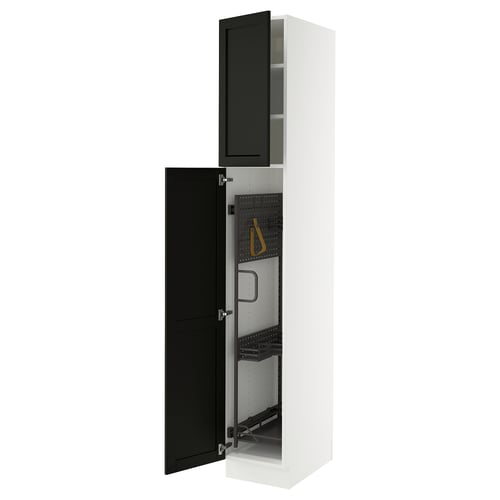 White SEKTION kitchen cabinet, black stained door with bevelled edges, adjustable shelves, and hidden hinges.