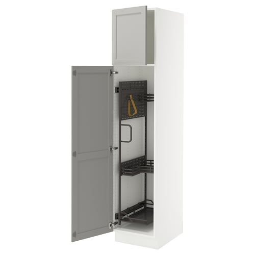 White SEKTION kitchen cabinet, grey interior, open doors, adjustable shelves.