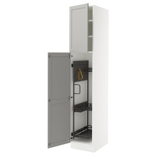 White SEKTION kitchen cabinet, adjustable shelves, light grey doors, metal handles.