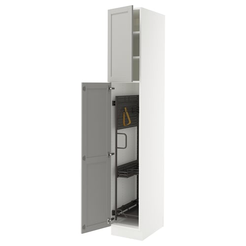 White SEKTION kitchen cabinet with grey lerhyttan doors, open.