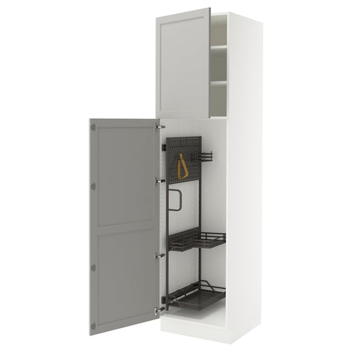 Ikea SEKTION white kitchen cabinet, light grey doors, adjustable shelves, open.