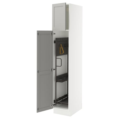White SEKTION kitchen cabinet, open, grey interior, adjustable shelves, bevelled edges.