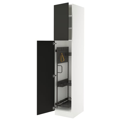 SEKTION white cabinet with black doors adjustable shelves and inner storage accessories.