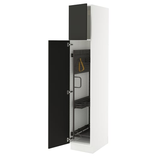 SEKTION white kitchen cabinet with black doors, adjustable shelves, and soft-closing hinges.