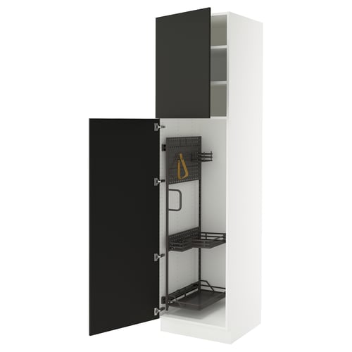 White cabinet with matte black doors; 2 open doors revealing shelves and organisers.