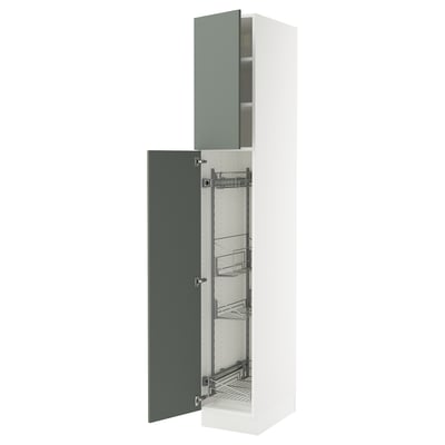 SEKTION High cabinet/pull-out int fittings, white/Nickebo matte grey-green, 15x24x90 "