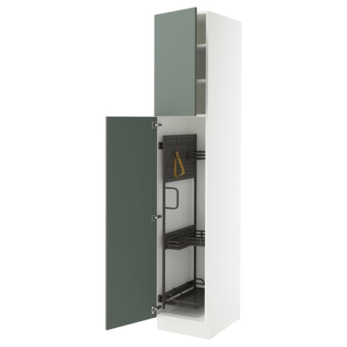 This image shows the SEKTION kitchen cabinet with nickebo fronts in grey-green. Its modern, has adjustable shelves, and a door damper.