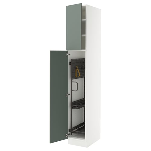 Modern kitchen cabinet, white with grey-green door, adjustable shelves, soft-close hinges.