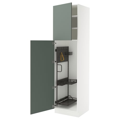 SEKTION kitchen cabinet in grey-green with adjustable shelves, mesh backing, and soft-close hinges.