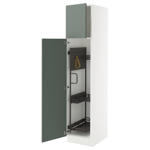 An open SEKTION kitchen cabinet with grey-green doors and adjustable shelves.