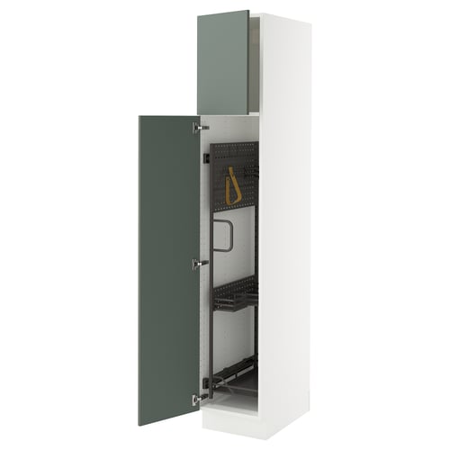 Modern white cabinet with green doors, adjustable shelves, and hinged door dampers.