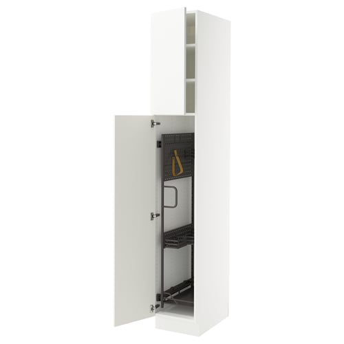 A white SEKTION kitchen cabinet with high-gloss, modern design, featuring adjustable shelves and a soft-close door.