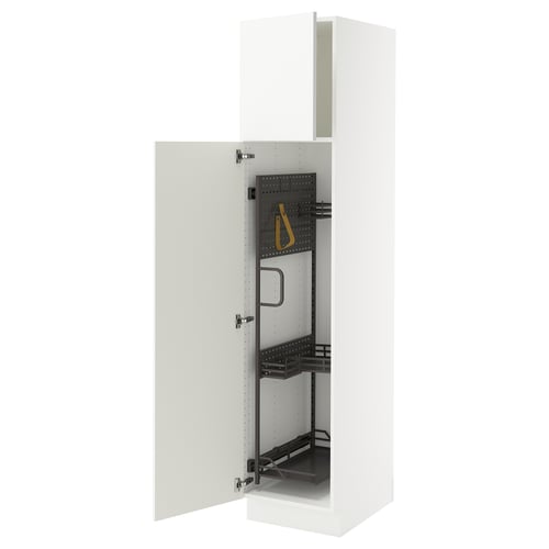 White SEKTION kitchen cabinet with glossy door, open showing interior shelves.