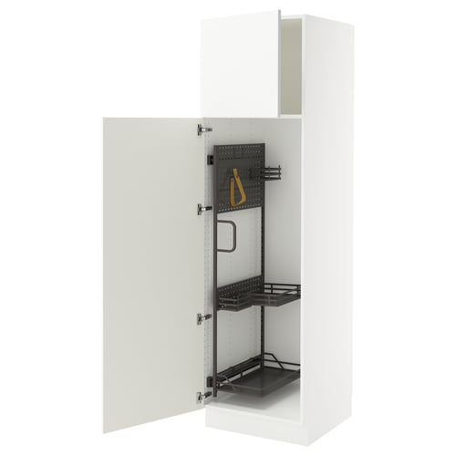 Depicts a white SEKTION kitchen cabinet with open doors, revealing adjustable metal shelves and a yellow cleaning strap.