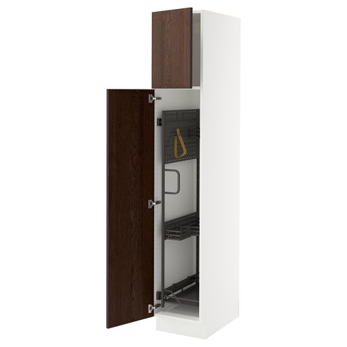 SEKTION kitchen cabinet with dark brown sinarp doors, white frame, adjustable shelves, and open doors.